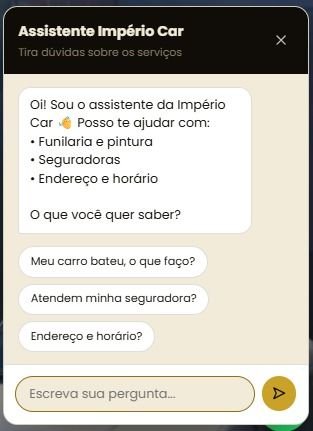 Chat com IA aberto no site da Império Car, respondendo dúvidas sobre serviços