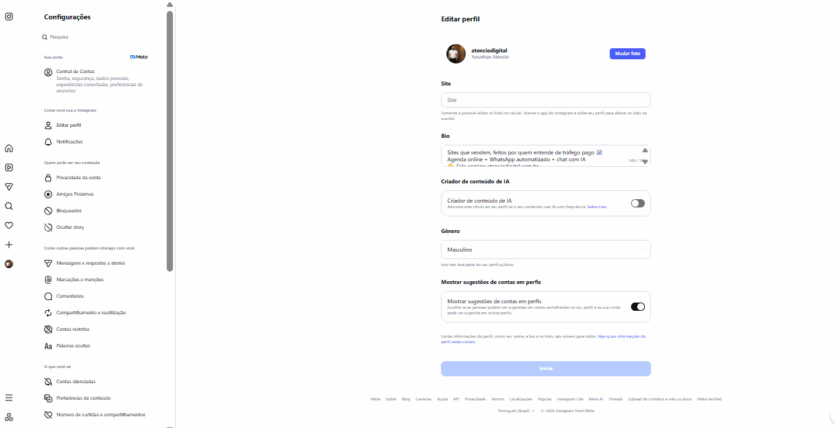 Tela de editar perfil do Instagram mostrando o campo Site bloqueado no navegador