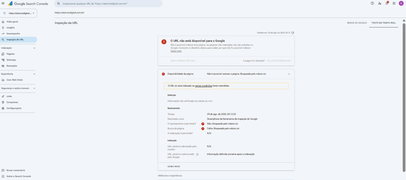 Search Console mostrando o erro Bloqueada pelo robots.txt