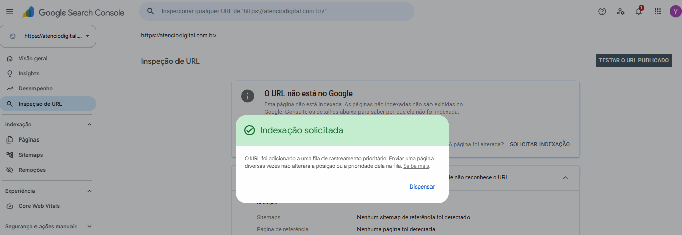 Search Console mostrando: Indexação solicitada