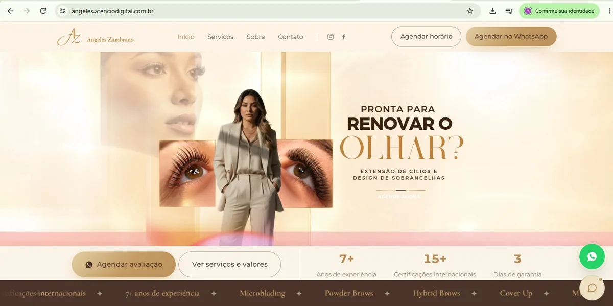 Site publicado de Angeles Zambrano, Brows Artist em Curitiba, mostrando 7+ anos de experiência e 15+ certificações internacionais
