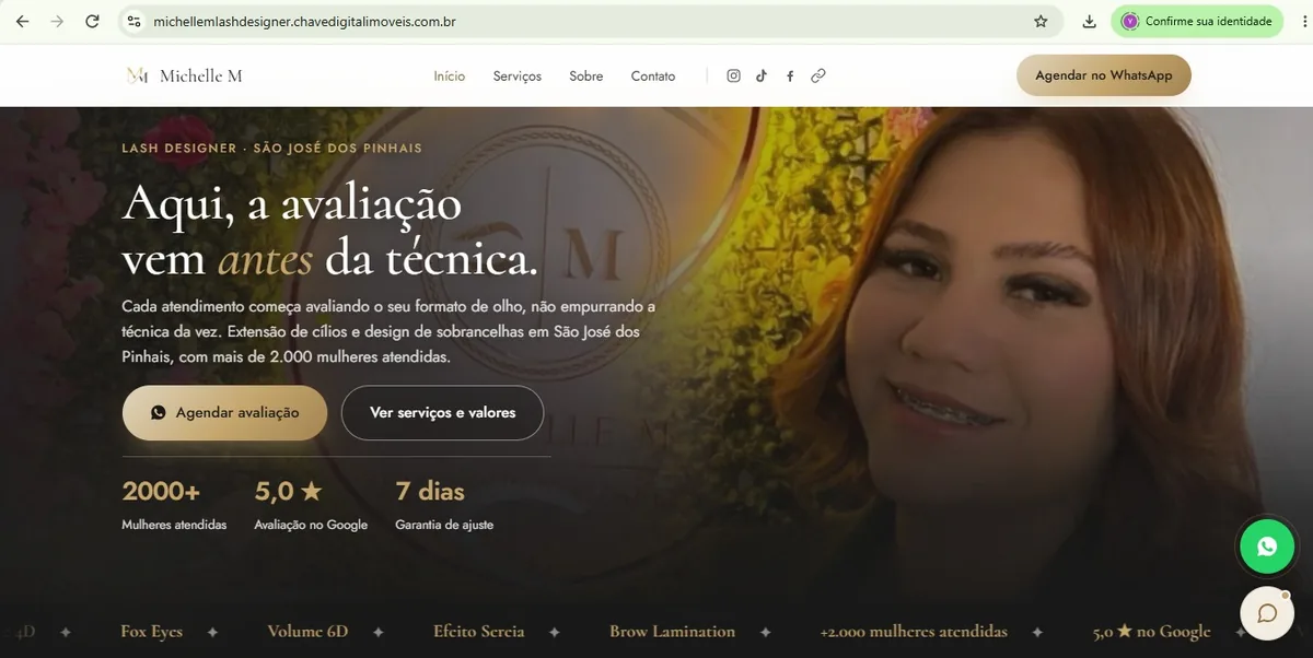 Site publicado de Michelle M, lash designer em São José dos Pinhais, mostrando 2.000+ mulheres atendidas e nota 5,0 no Google